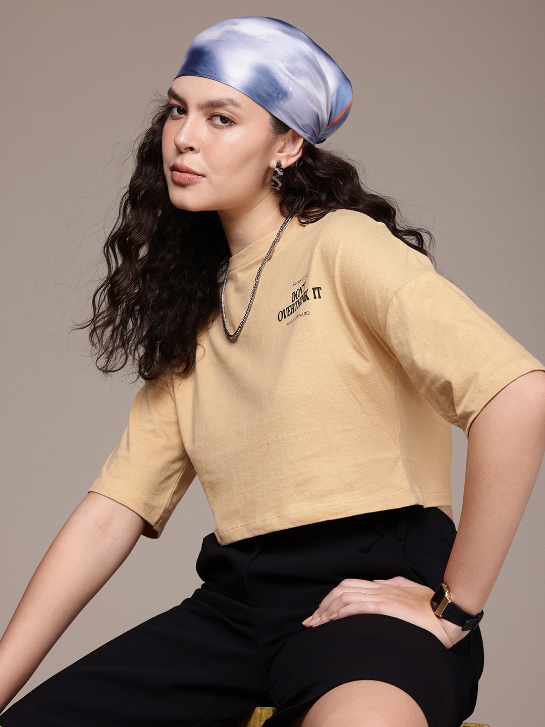 

The Roadster Life Co. Drop-Shoulder Sleeves Pure Cotton Boxy Crop T-shirt, Beige