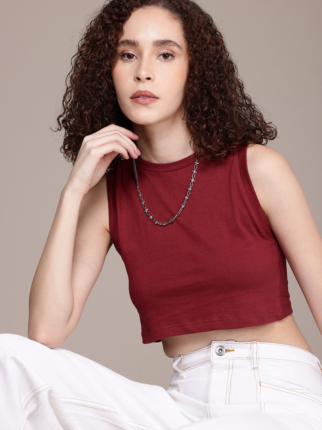 

The Roadster Life Co. Pure Cotton Sleeveless Crop T-shirt, Maroon