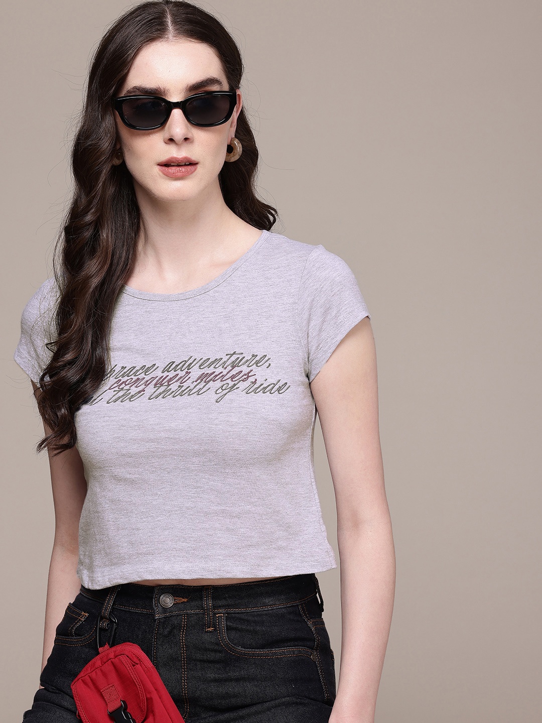 

The Roadster Life Co. Typography Printed Crop T-shirt, Grey melange