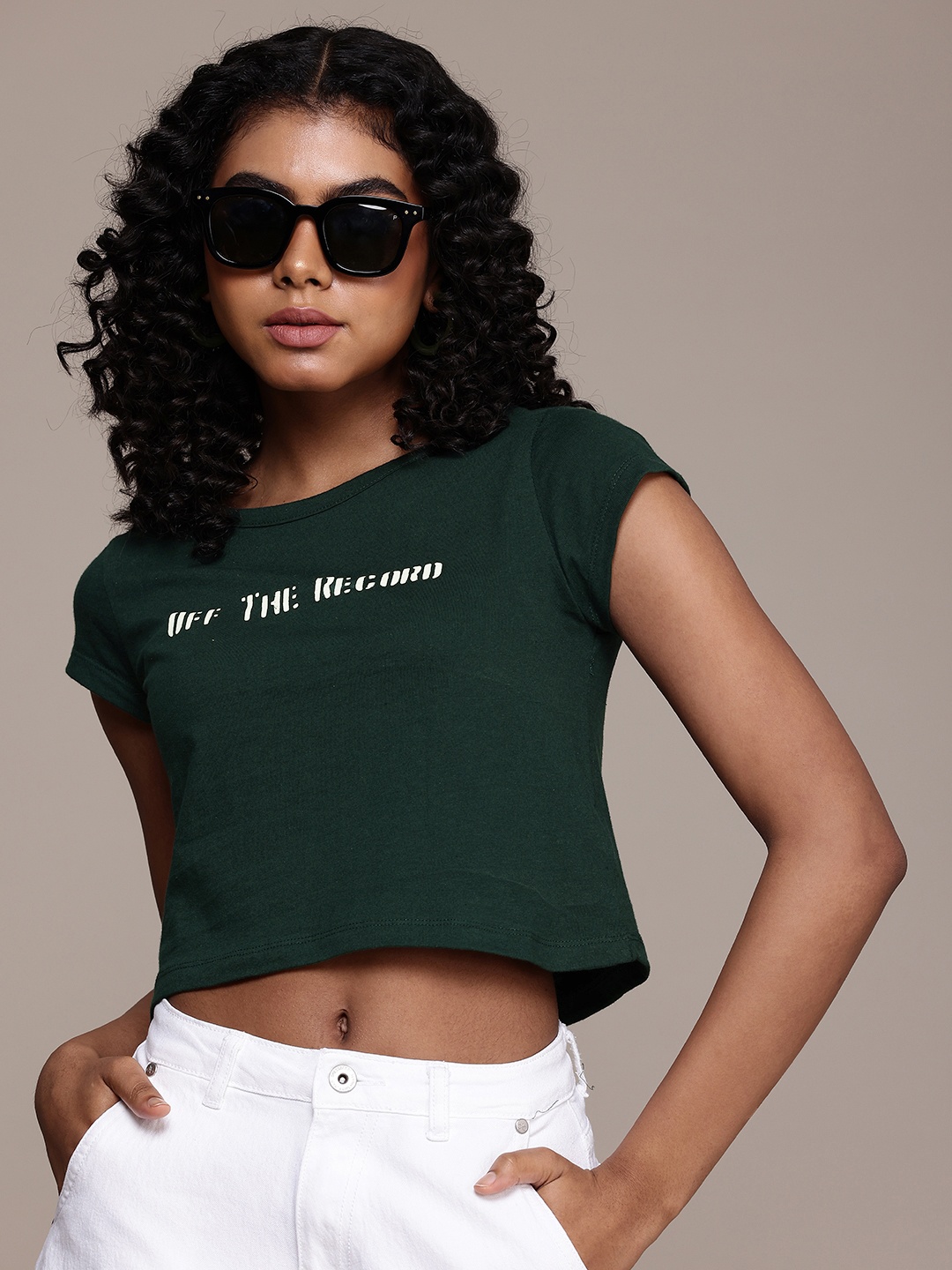 

The Roadster Life Co. Typography Printed Extended Sleeves Cropped Pure Cotton T-shirt, Green