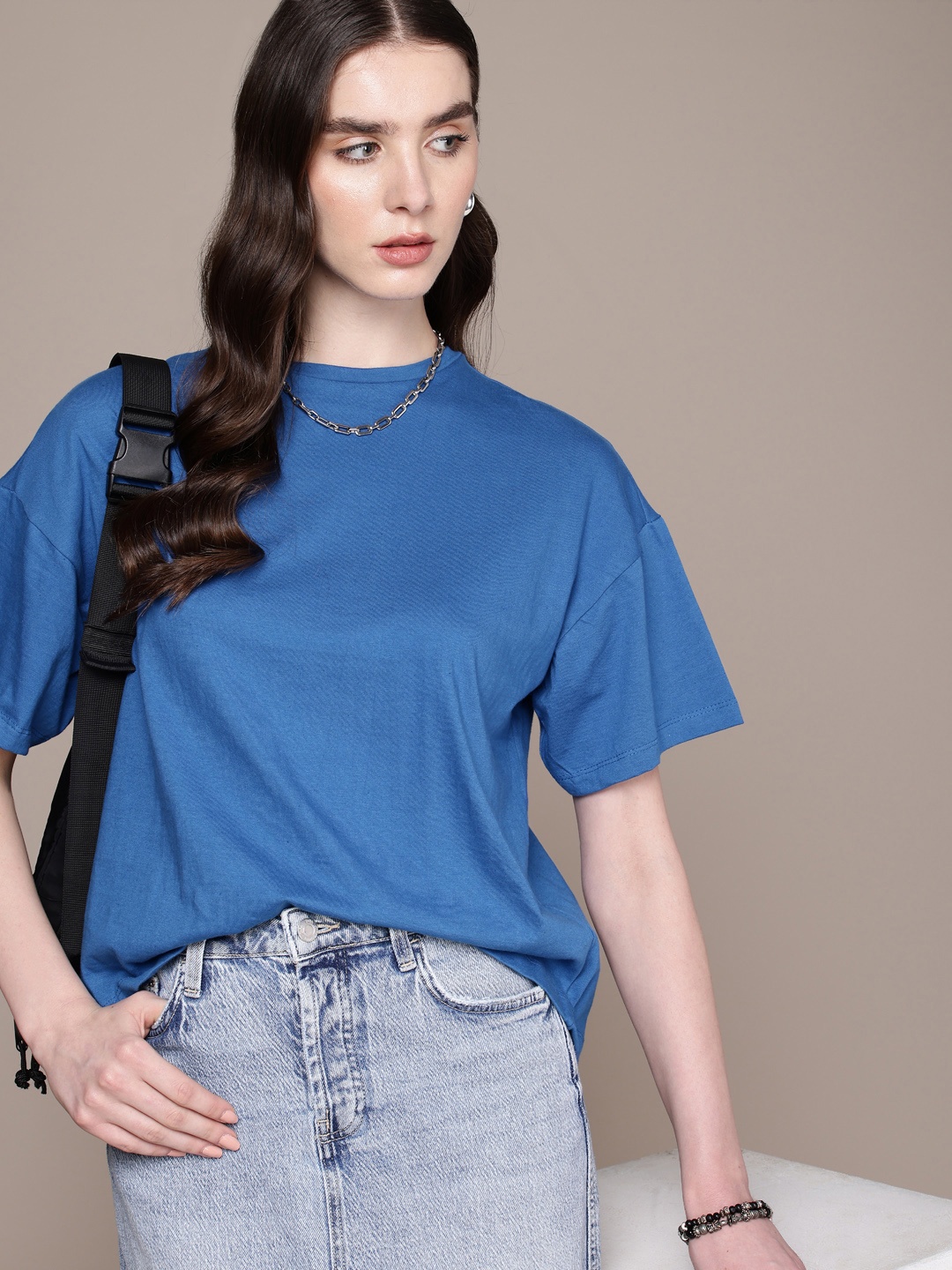 

The Roadster Life Co. Drop-Shoulder Sleeves Relaxed Fit Pure Cotton T-shirt, Blue