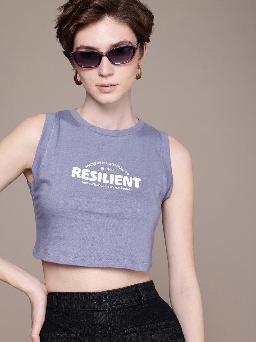

The Roadster Life Co. Typography Printed Crop Pure Cotton T-shirt, Purple