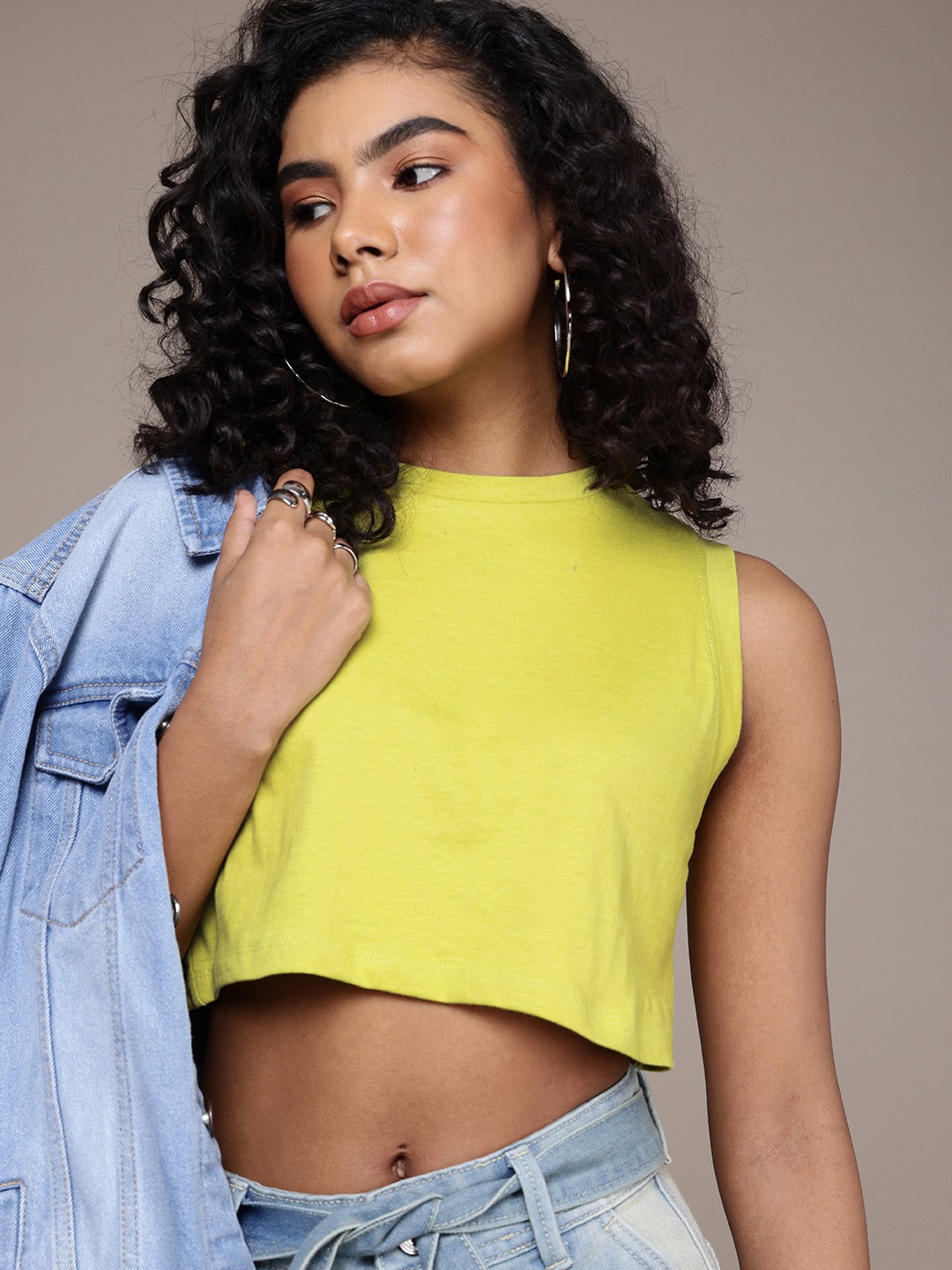 

The Roadster Life Co. Pure Cotton Sleeveless Crop T-shirt, Green