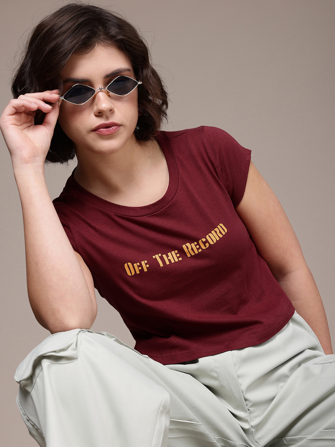 

The Roadster Life Co. Typography Printed Pure Cotton Crop T-shirt, Maroon