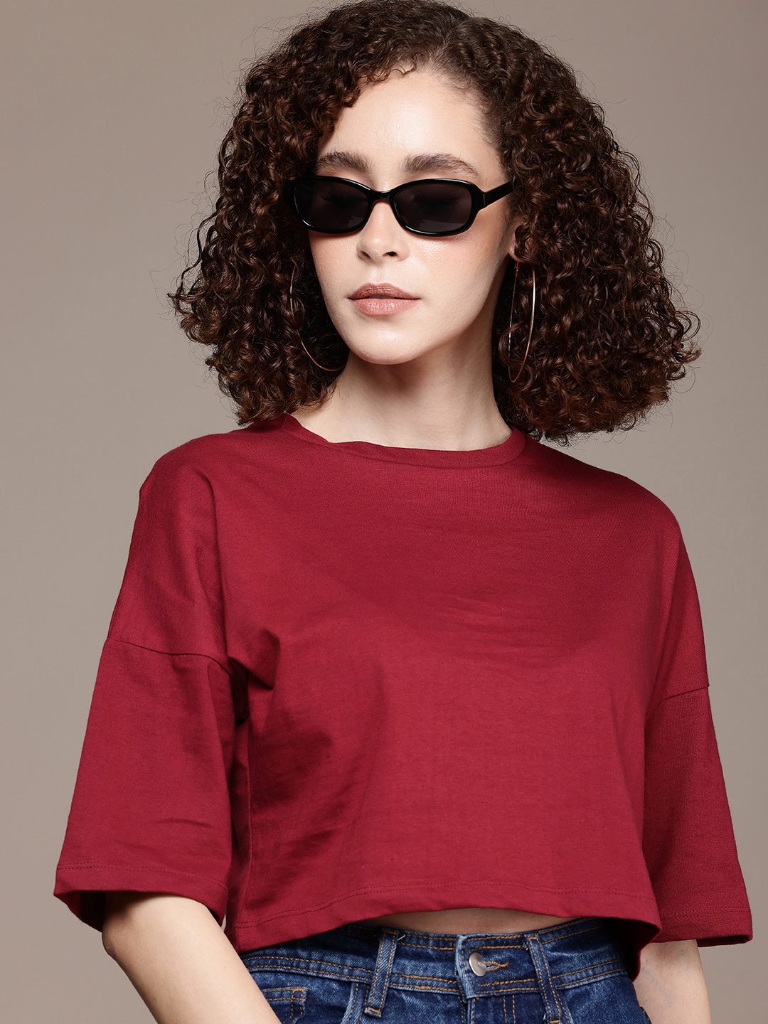 

The Roadster Life Co. Drop-Shoulder Sleeves Pure Cotton Boxy T-shirt, Maroon