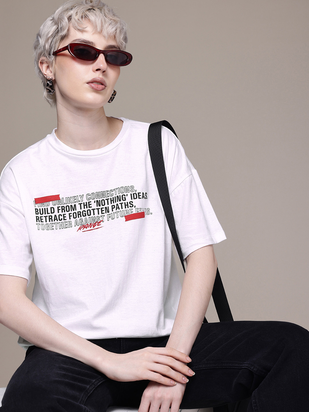 

The Roadster Life Co. Pure Cotton Typography Printed Drop-Shoulder Oversized T-shirt, White