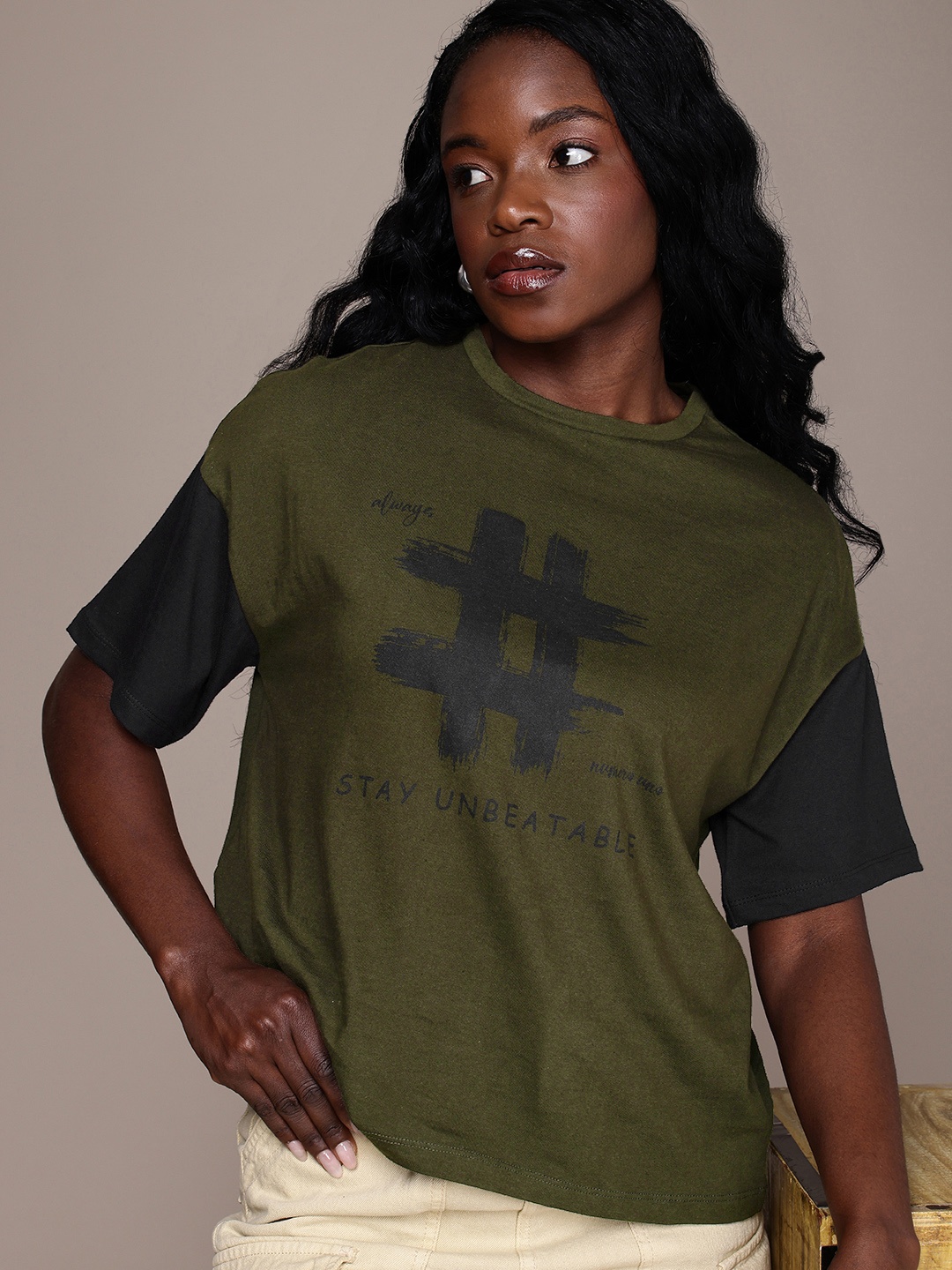 

The Roadster Life Co. Oversized Fit Typography Printed Pure Cotton T-shirt, Olive