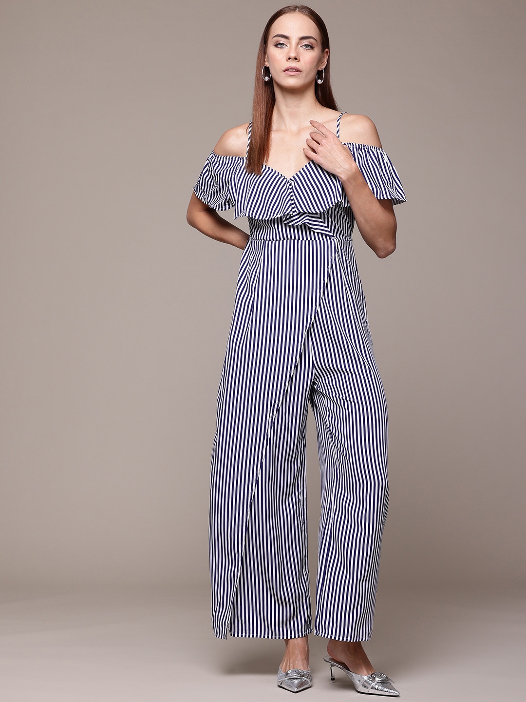 

bebe All Day Striped Jumpsuit with Ruffles, Blue