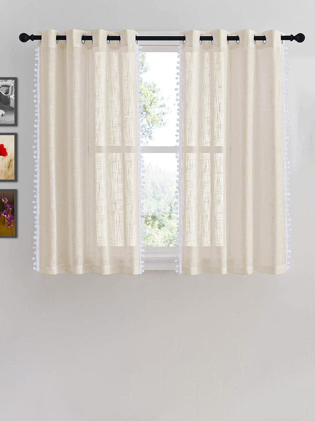 

HOMEMONDE Beige & White Set of 2 Sheer Window Curtains