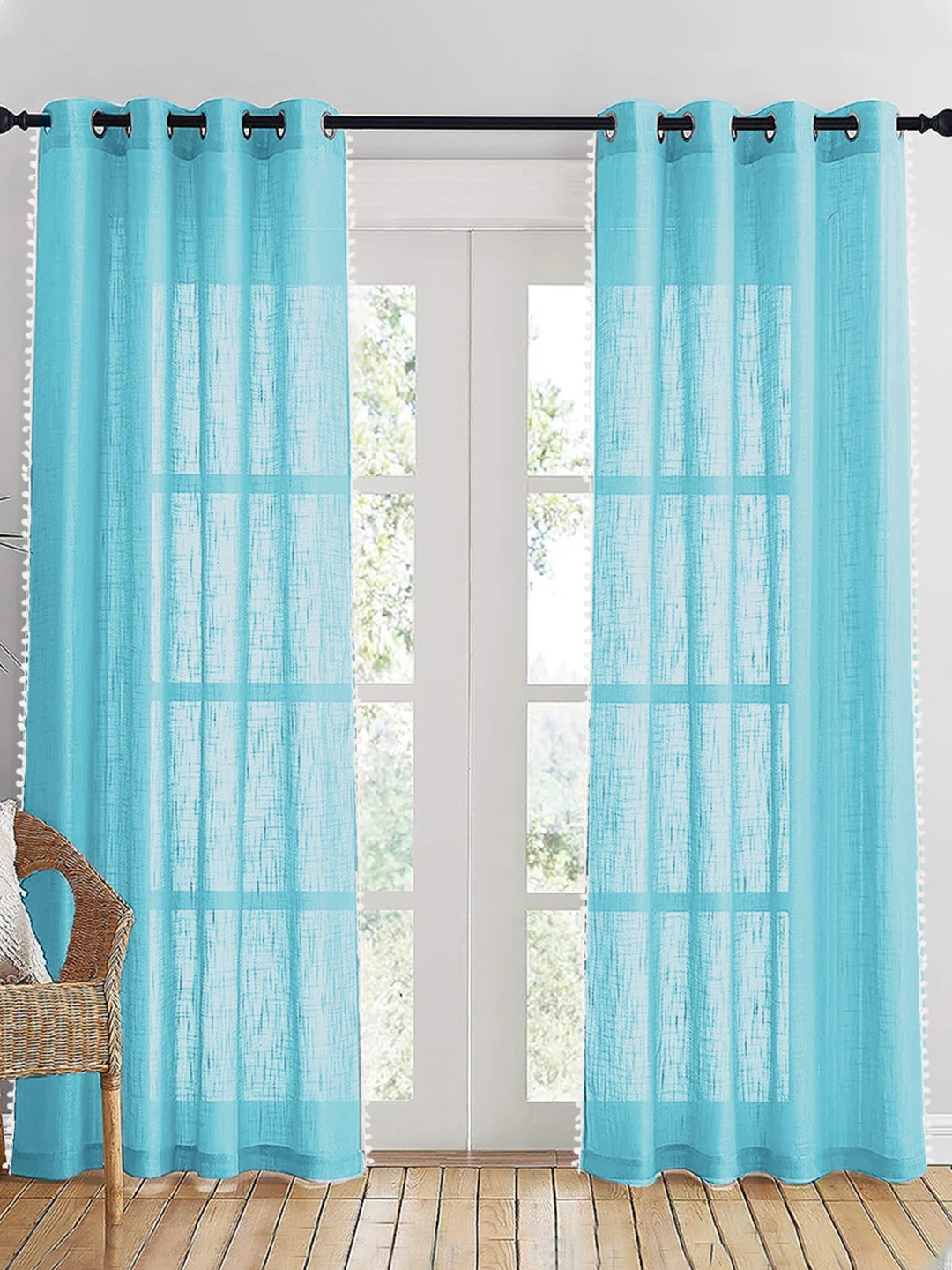 

HOMEMONDE Turquoise Blue & White 2 Pieces Sheer Pompom Detailed Cotton Door Curtain