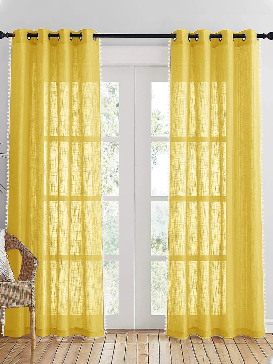 

HOMEMONDE Yellow & White 2 Pieces Sheer Pompom Detailed Cotton Long Door Curtain