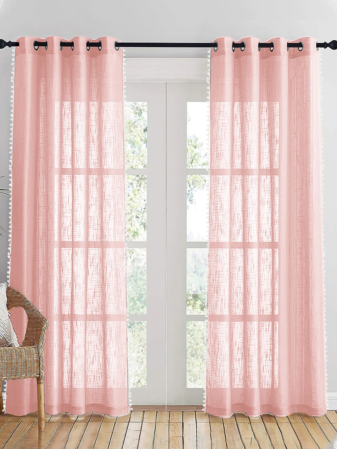 

HOMEMONDE Pink & White 2 Pieces Sheer Pompom Detailed Cotton Long Door Curtain