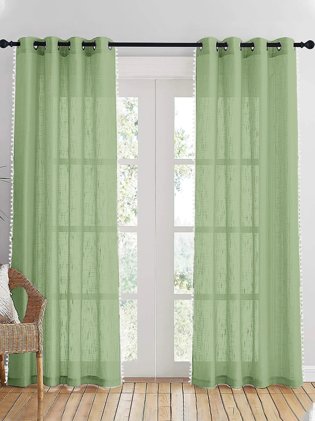 

HOMEMONDE Green & White 2 Pieces Sheer Pompom Detailed Cotton Long Door Curtain