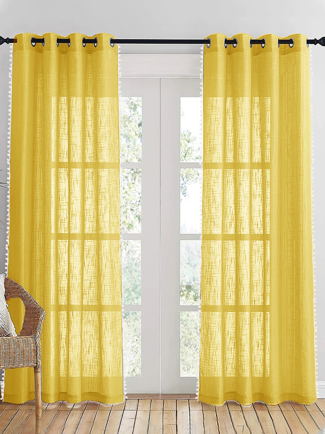 

HOMEMONDE Yellow & White 2 Pieces Sheer Pompom Detailed Cotton Door Curtain