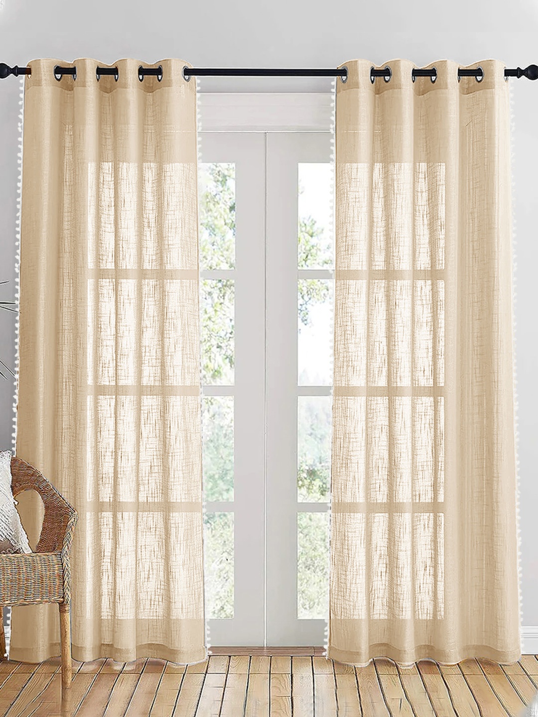 

HOMEMONDE Beige & White 2 Pieces Sheer Pompom Detailed Cotton Long Door Curtain