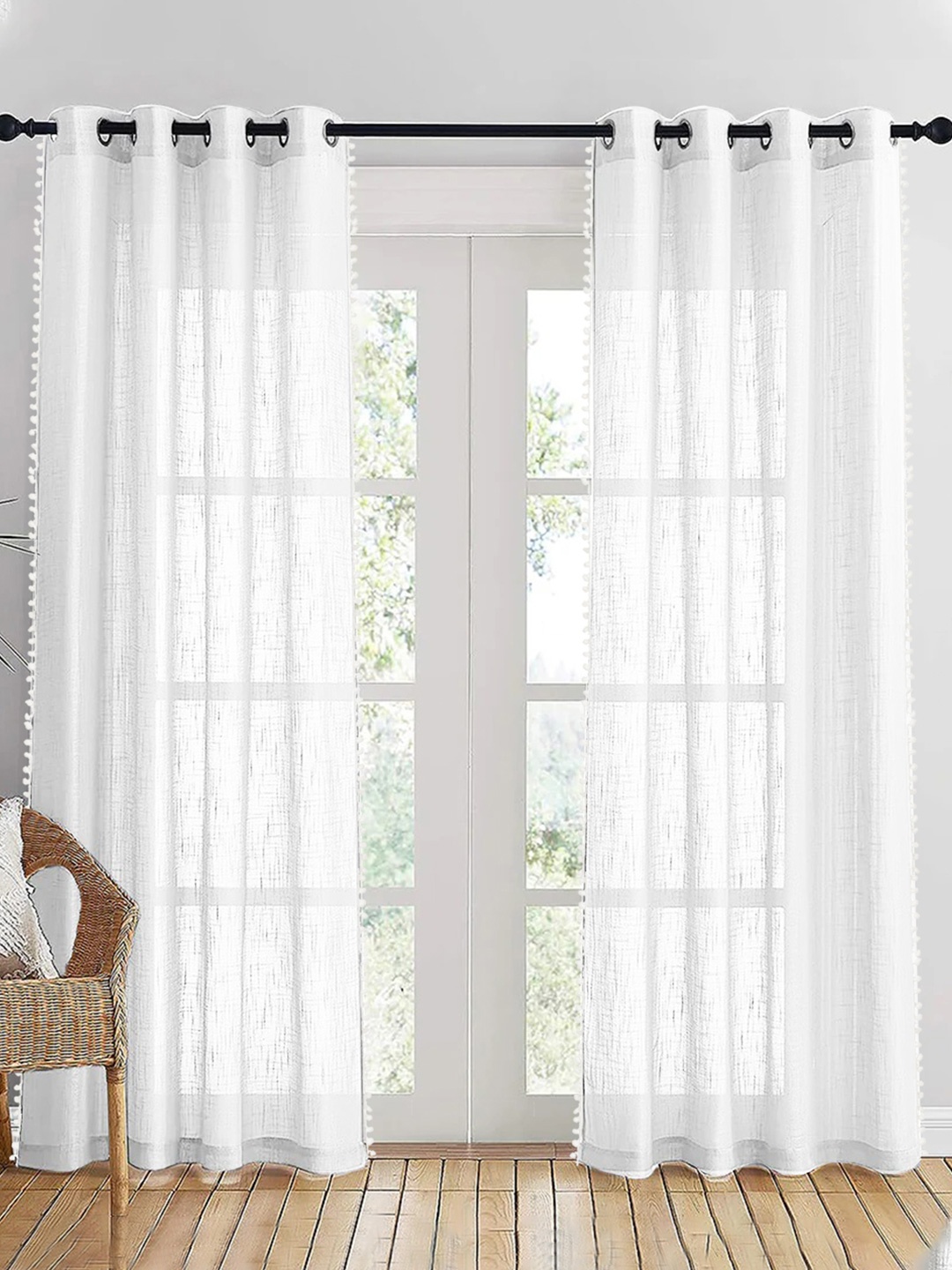 

HOMEMONDE White 2 Pieces Sheer Pompom Detailed Cotton Long Door Curtain