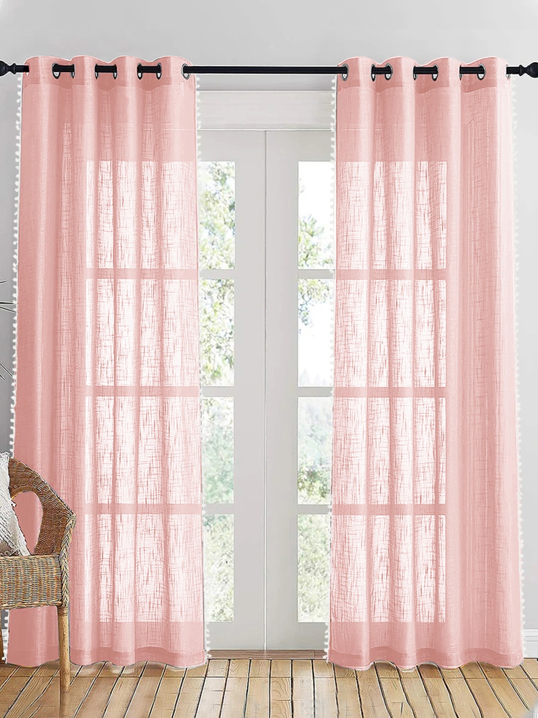 

HOMEMONDE Pink & White 2 Pieces Sheer Pompom Detailed Cotton Long Door Curtain