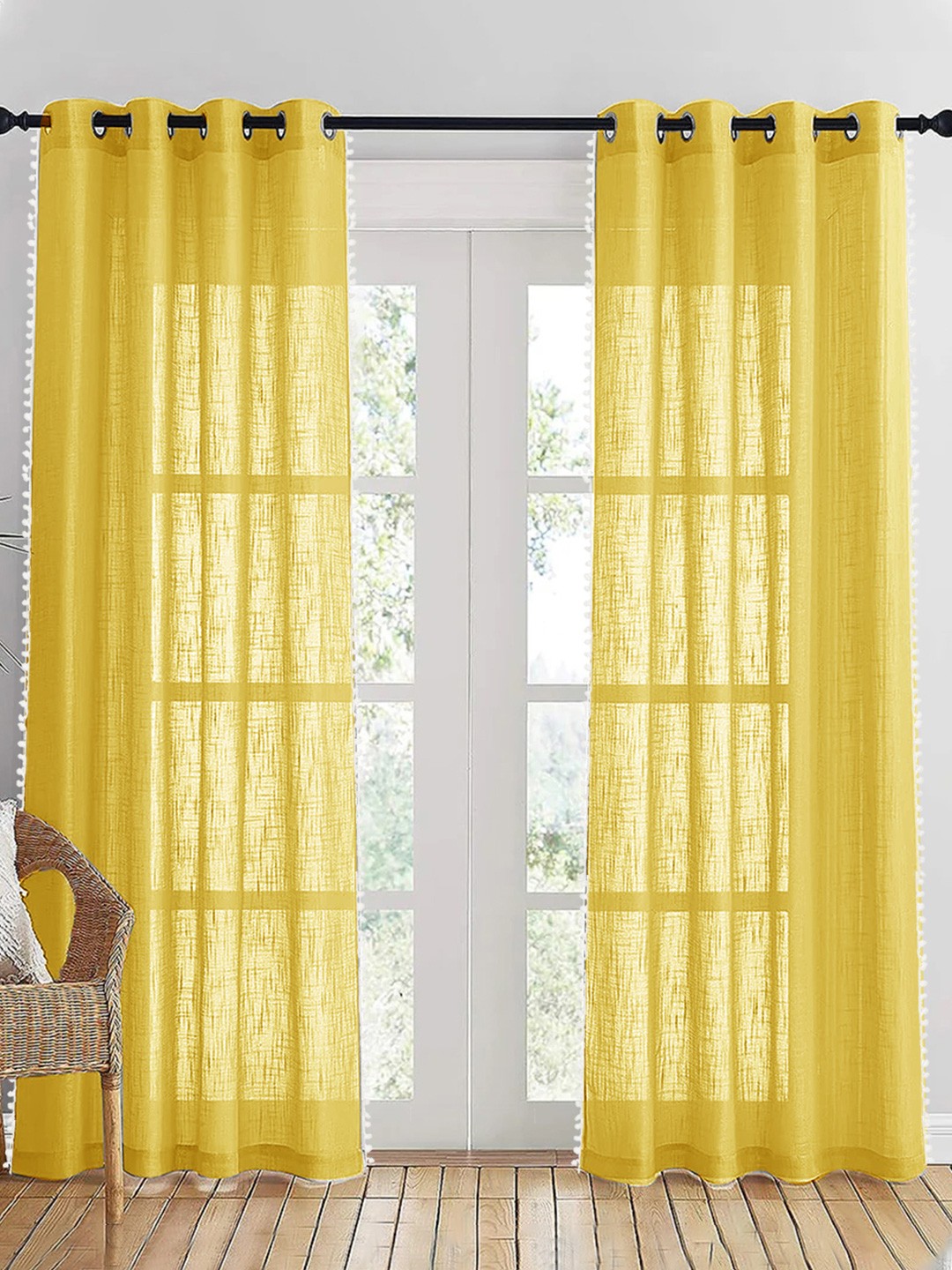 

HOMEMONDE Yellow & White 2 Pieces Sheer Pompom Detailed Cotton Door Curtain