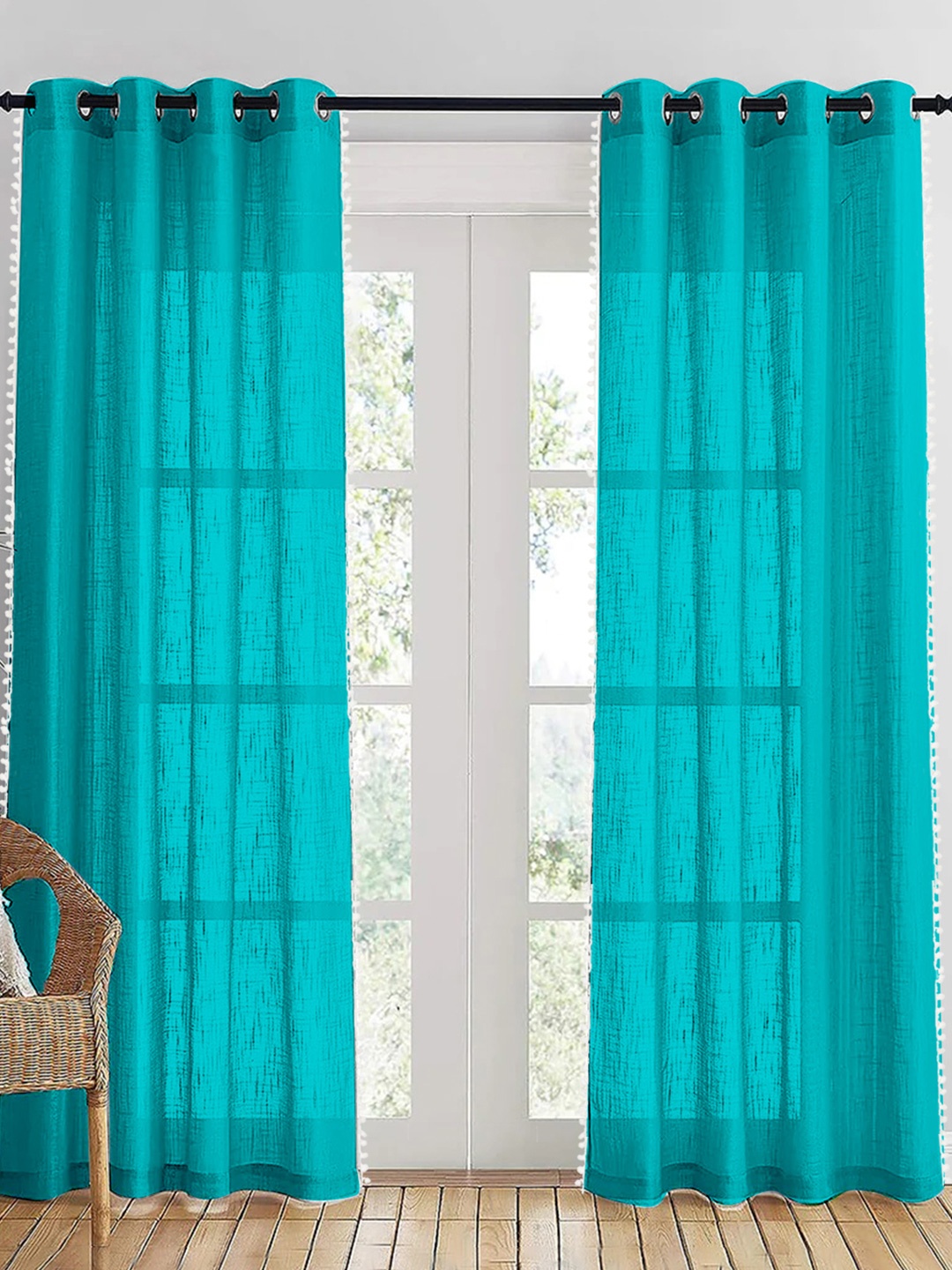 

HOMEMONDE Blue & White 2 Pieces Sheer Pompom Detailed Cotton Long Door Curtain