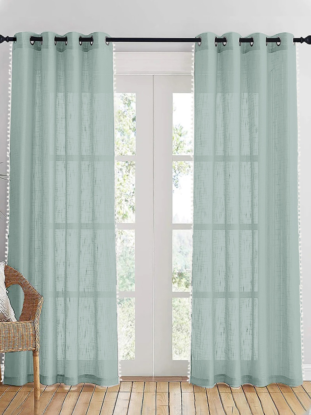 

HOMEMONDE Grey & White 2 Pieces Cotton Sheer Long Door Curtain