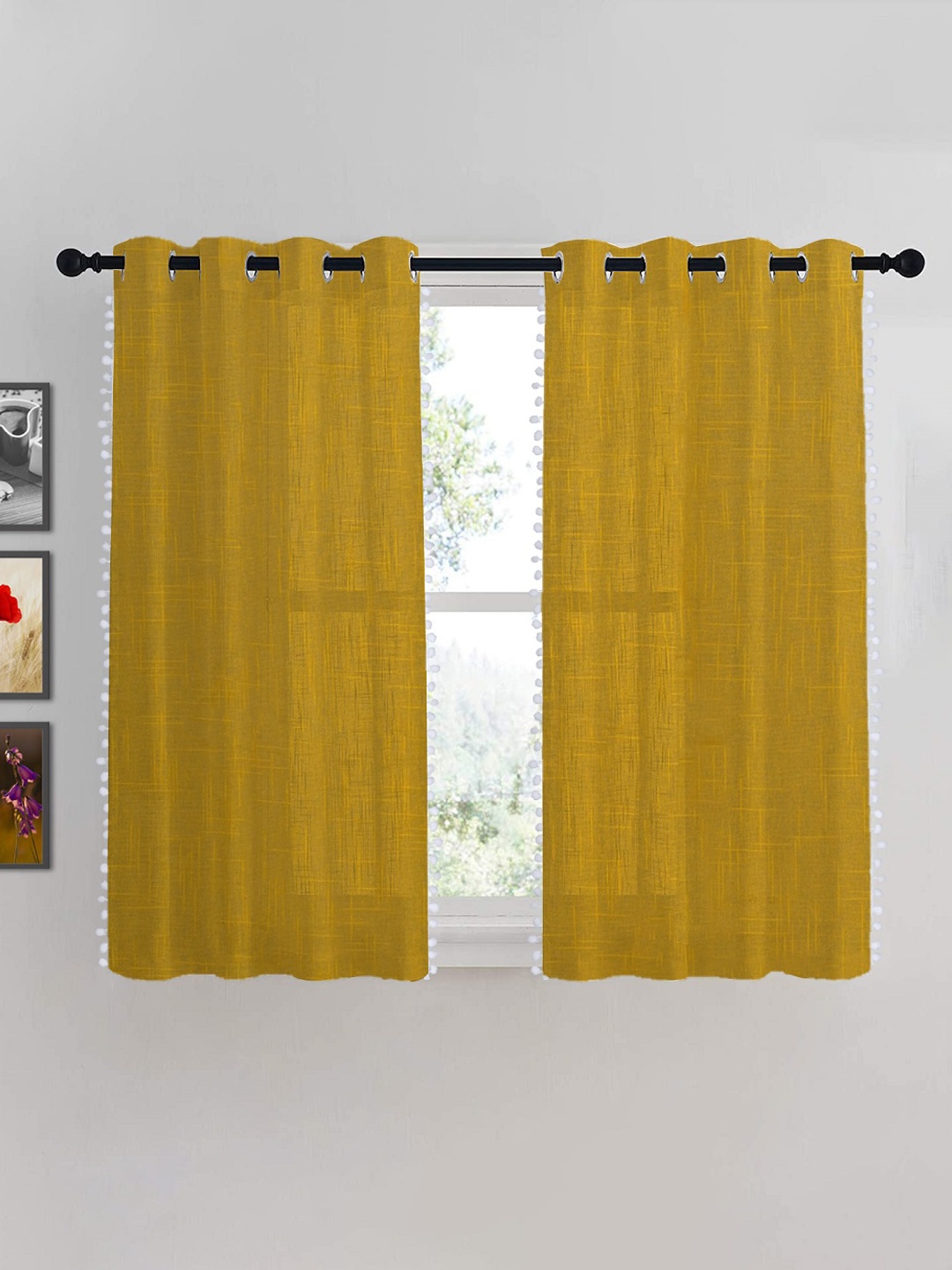 

HOMEMONDE Yellow & White 2 Pieces Cotton Sheer Window Curtain