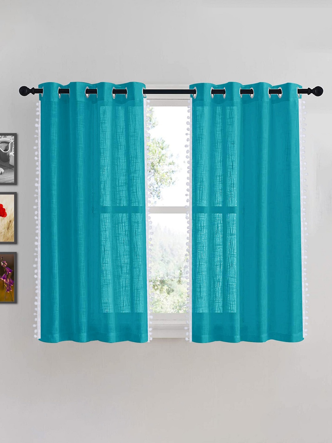 

HOMEMONDE Blue & White 2 Pieces Cotton Sheer Window Curtain