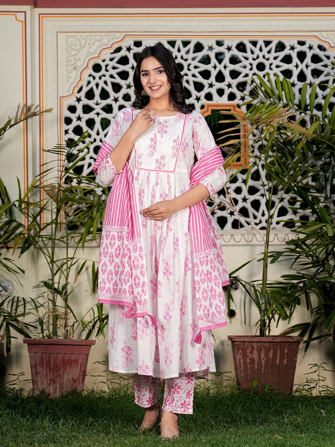 

KALINI Women Floral Printed Pleated Pure Cotton Kurta with Trousers & With Dupatta, Pink