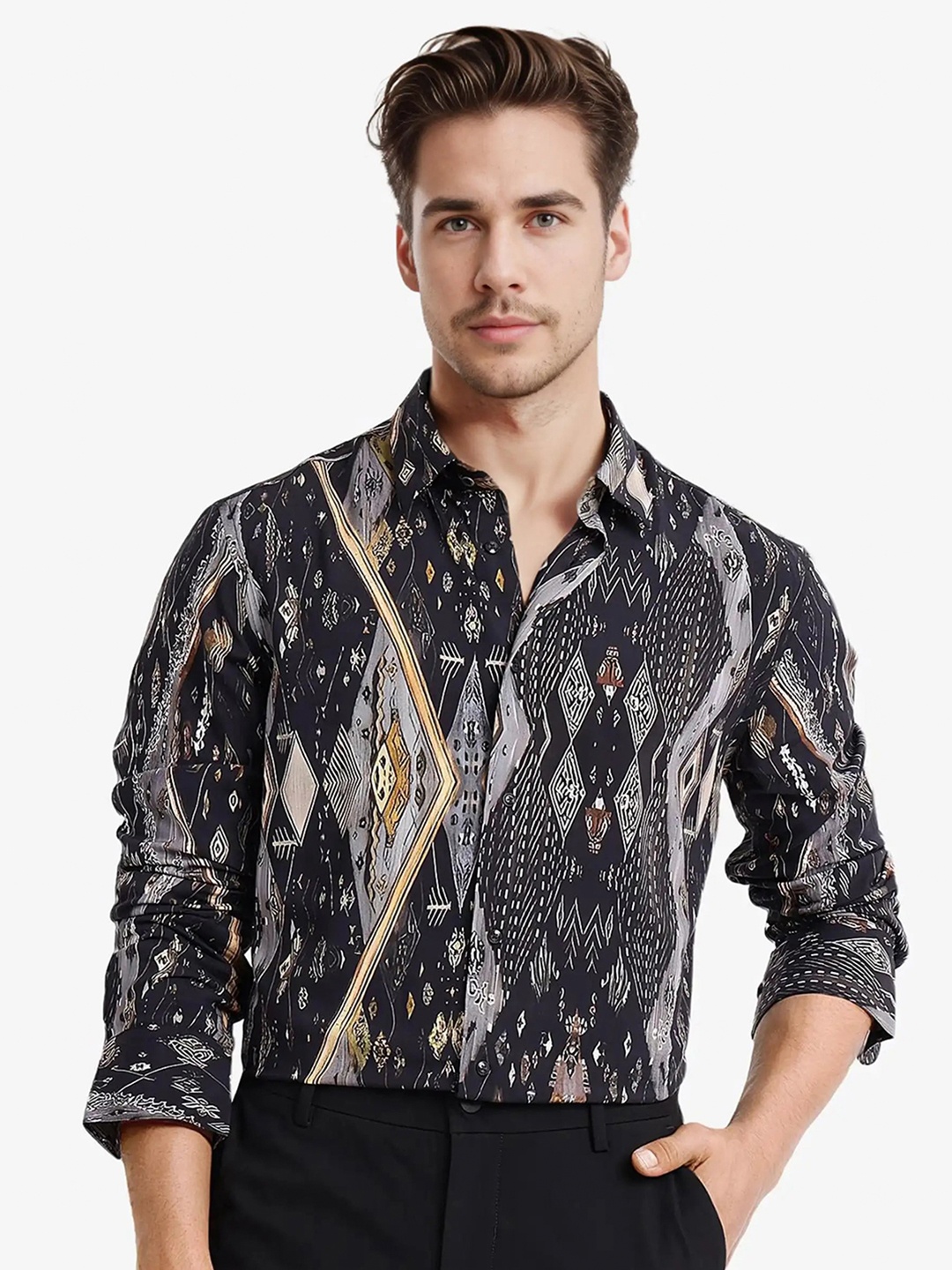 

RARE RABBIT Men Comfort Opaque Printed Casual Shirt, Black