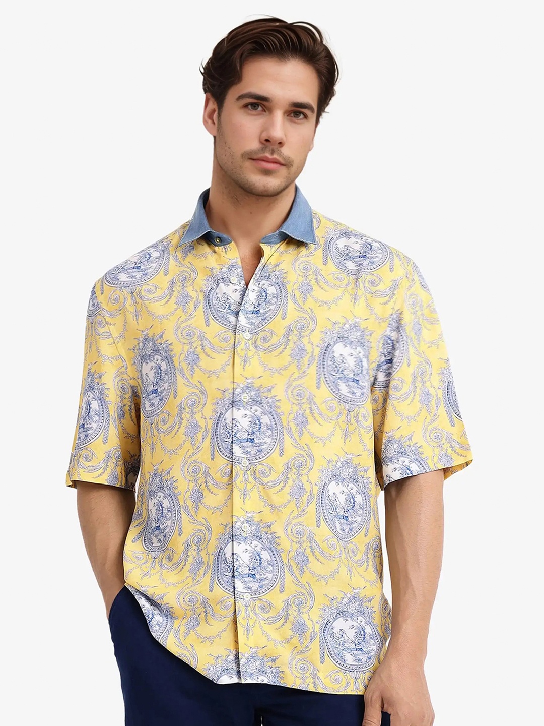

RARE RABBIT Men Comfort Boxy Opaque Printed Casual Shirt, Yellow