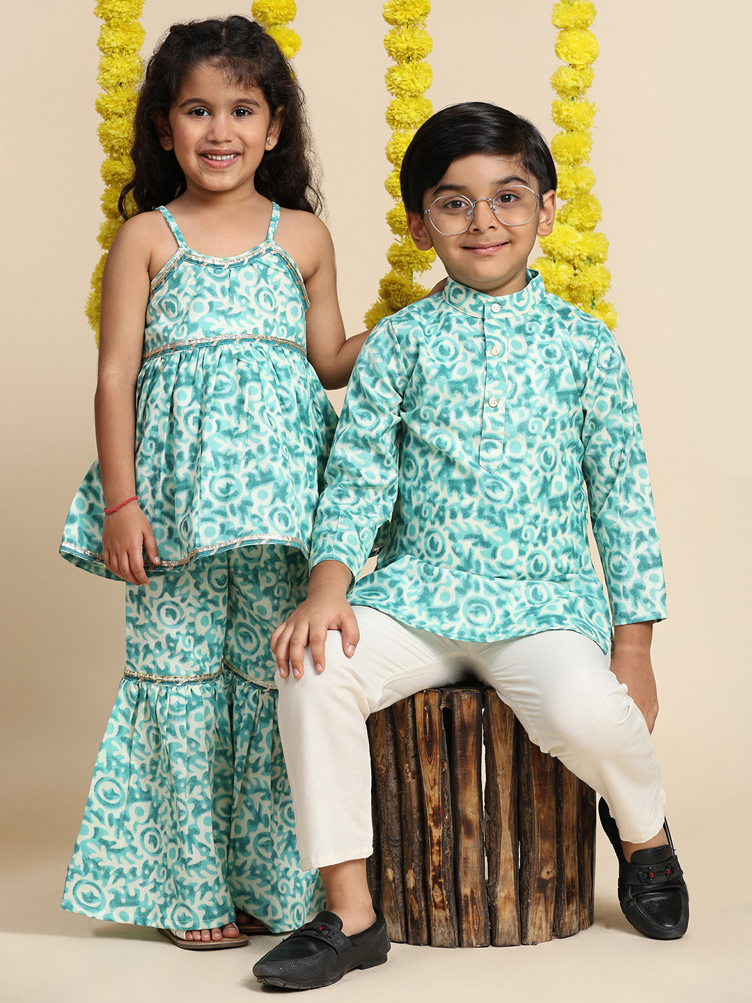 

Cutiekins Boys Printed Regular Kurti with Pyjamas, Sea green