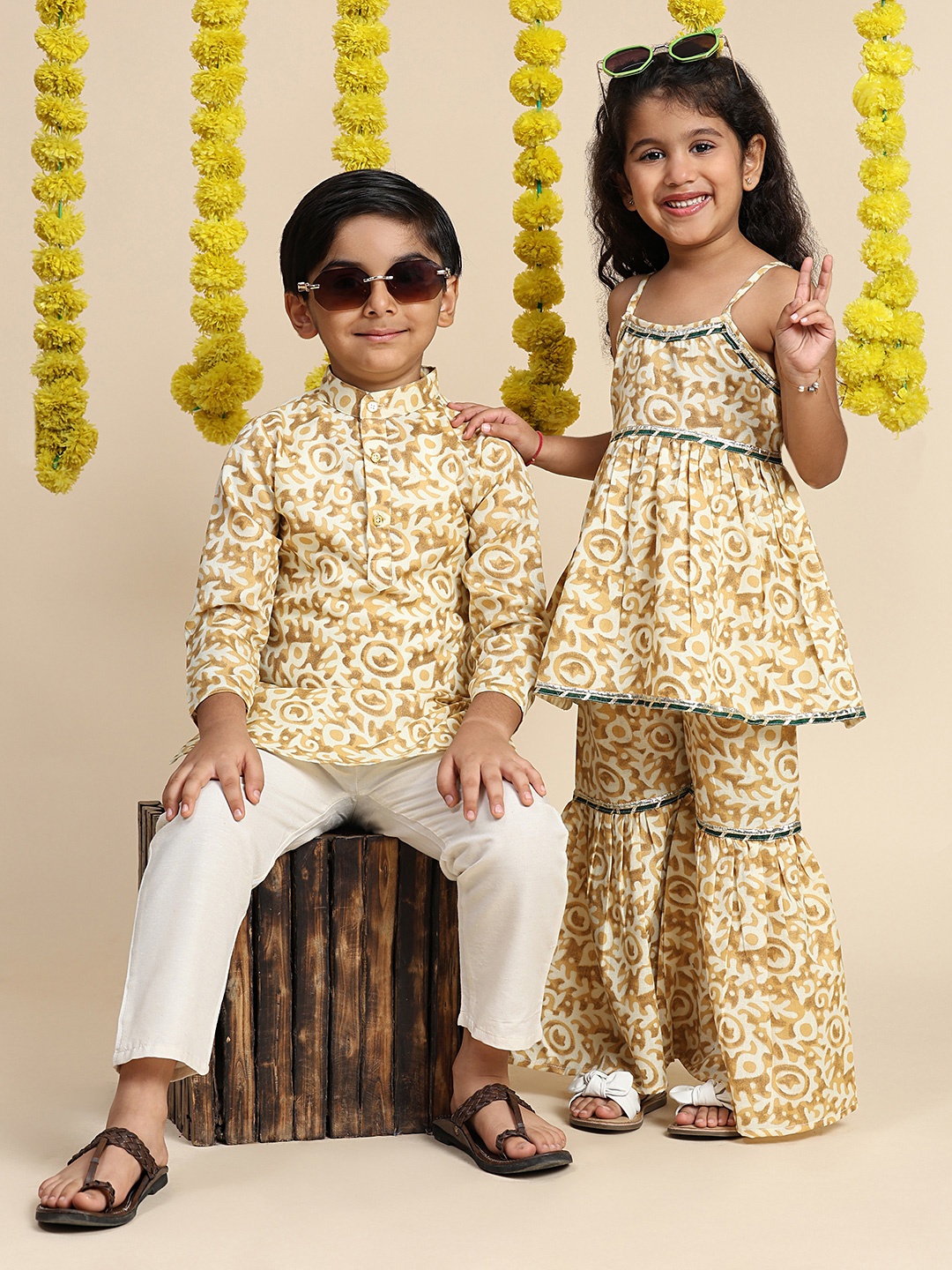 

Cutiekins Boys Printed Regular Kurta with Pyjamas, Mustard