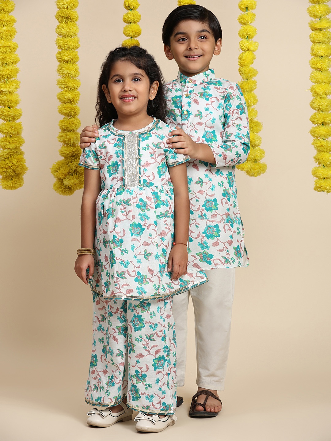 

Cutiekins Boys Floral Printed Regular Kurta with Pyjamas, Sea green