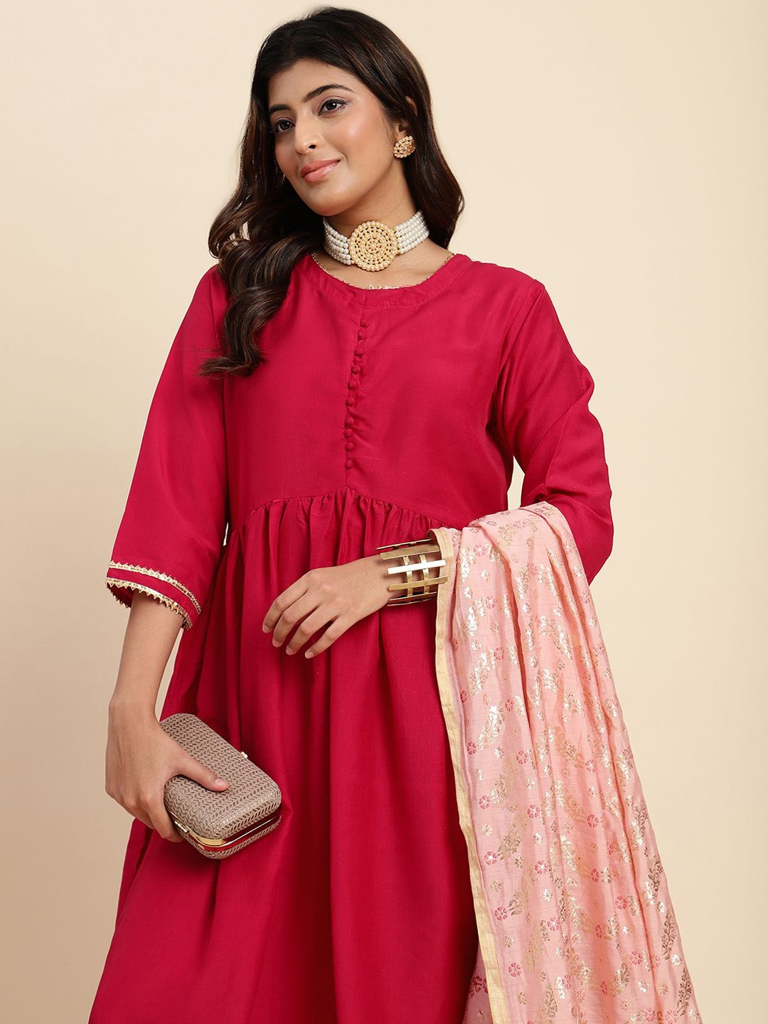 

V TRADITION Women Regular Gotta Patti Kurti with Trousers, Pink