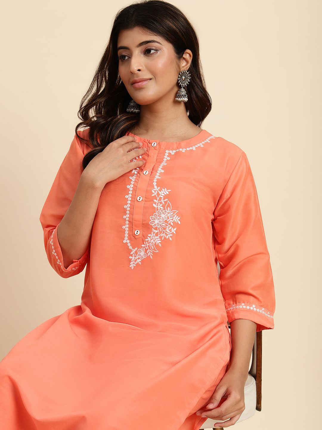 

V TRADITION Women Ethnic Motifs Yoke Design Regular Thread Work Kurti with Trousers, Orange