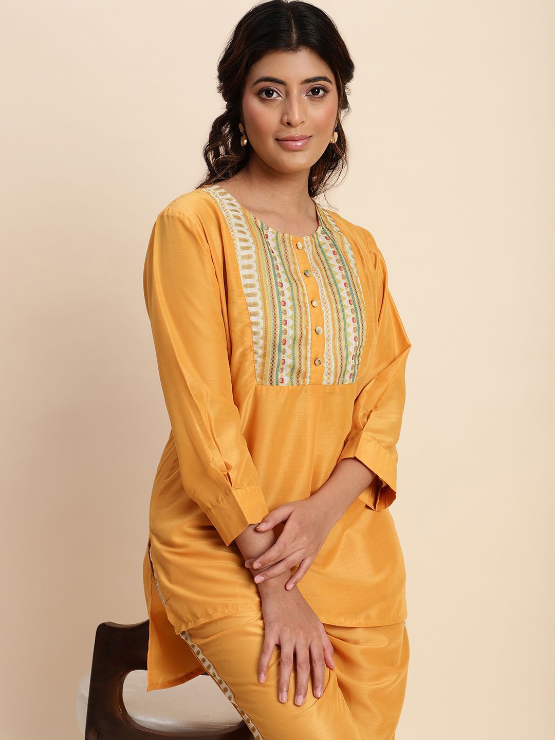 

V TRADITION Women Yoke Design Regular Kurti with Trousers, Yellow