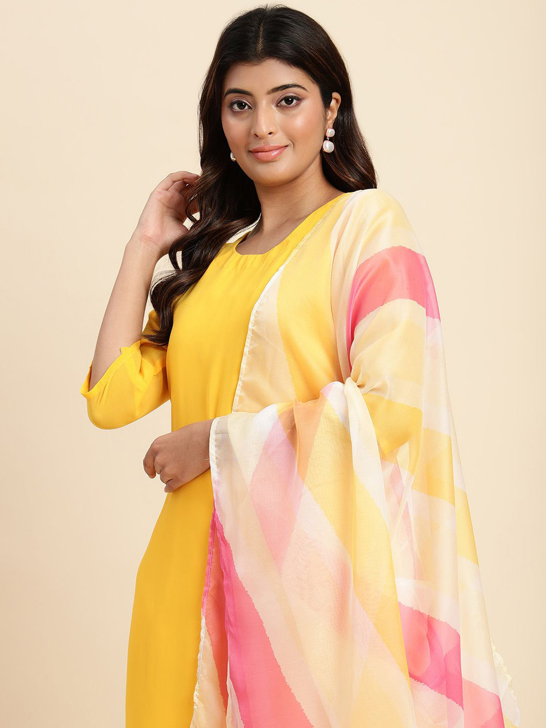 

V TRADITION Women Regular Kurti with Trousers, Yellow