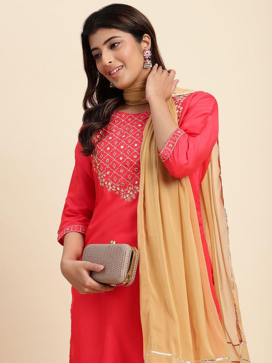 V TRADITION Women Floral Yoke Design Regular Thread Work Kurti with Trousers, Red