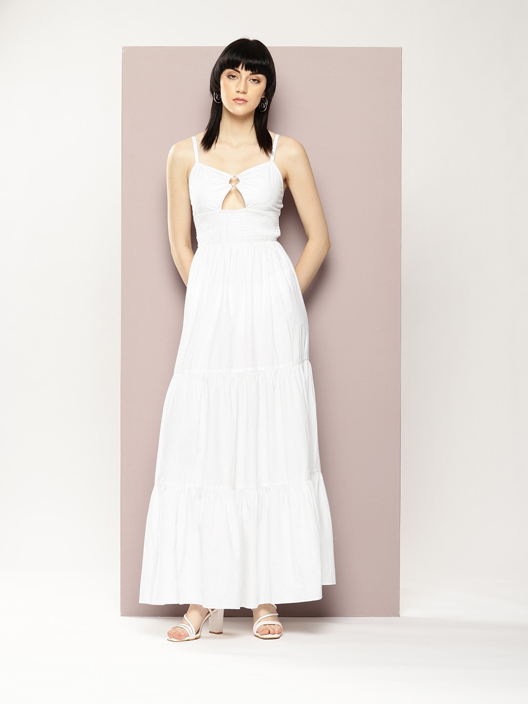 

DILLINGER Fit & Flare Pure Cotton Maxi Dress With Cut-Out Details, White