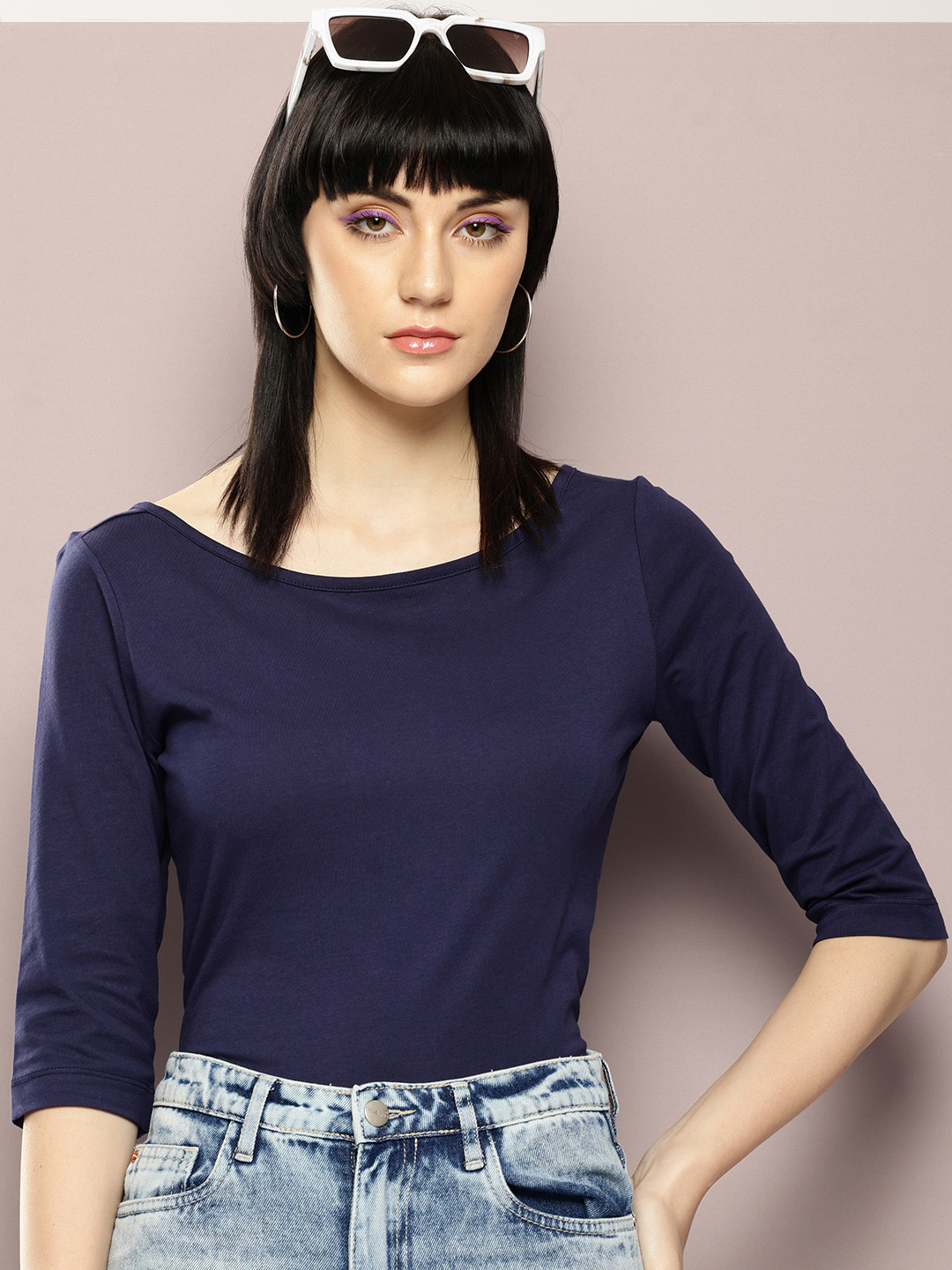 

Kook N Keech Boat Neck Pure Cotton Top, Navy blue