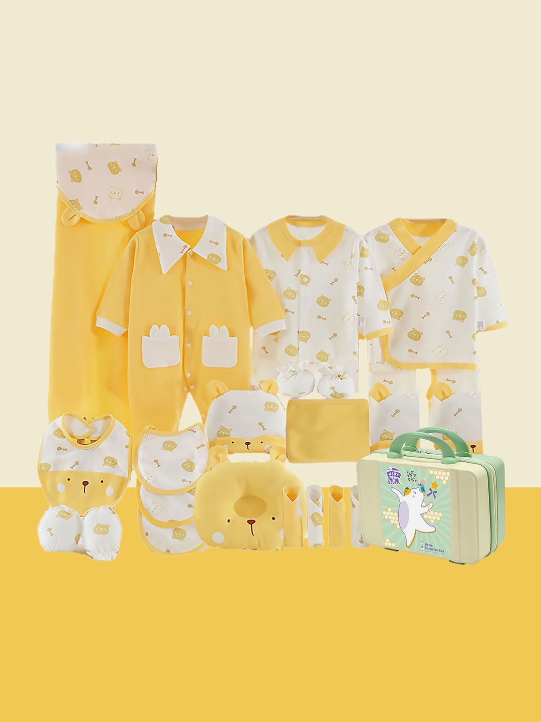 

Little Surprise Box 23 Pcs Ted Face Newborn Baby Wear Gift Hamper Box, Yellow