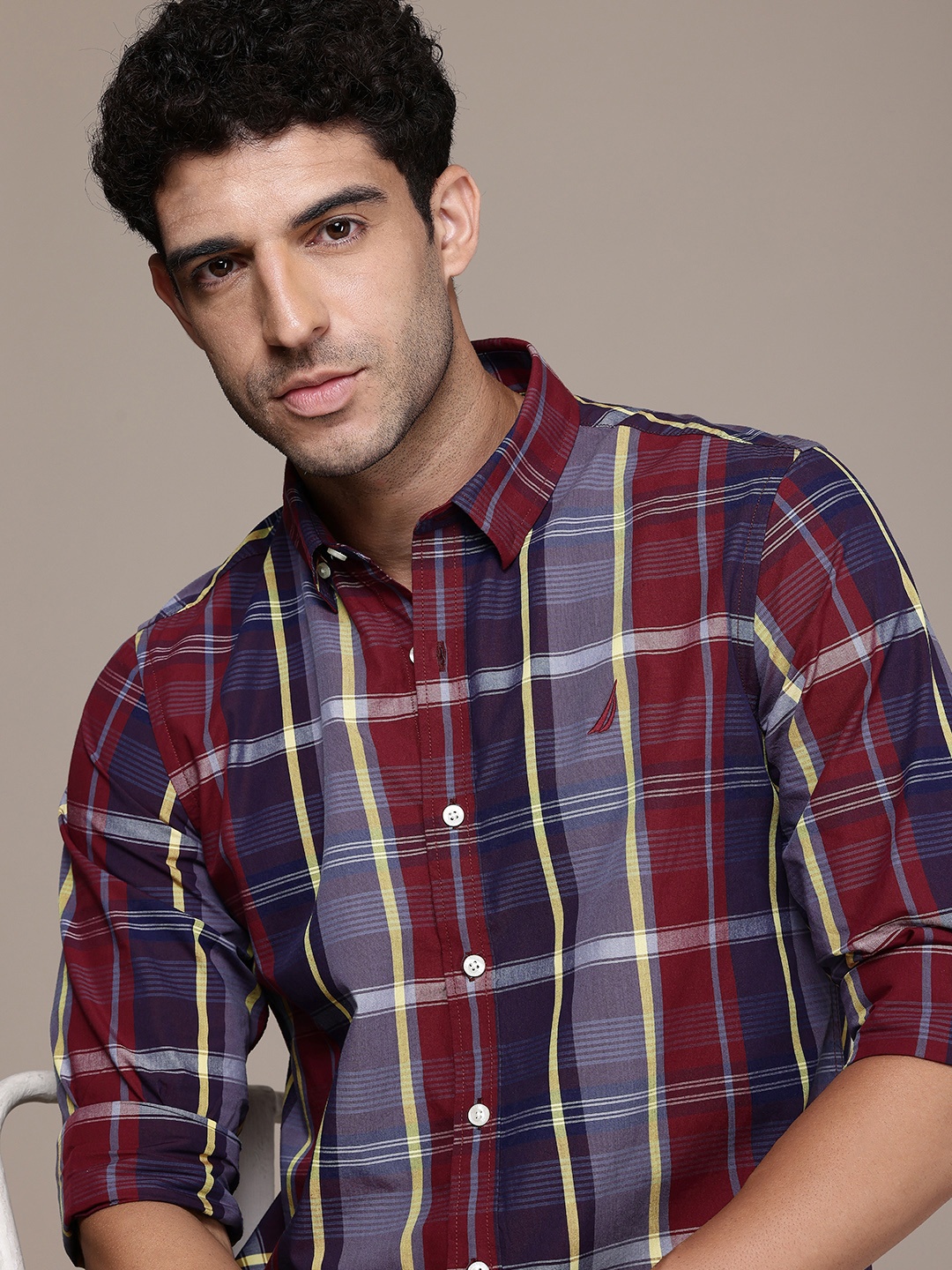 

Nautica Slim Fit Opaque Checked Pure Cotton Casual Shirt, Maroon