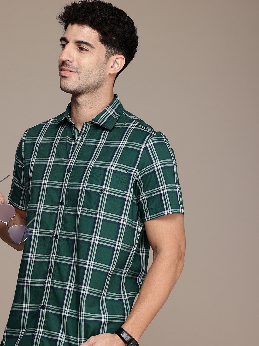 

Nautica Classic Fit Opaque Checked Pure Cotton Casual Shirt, Green