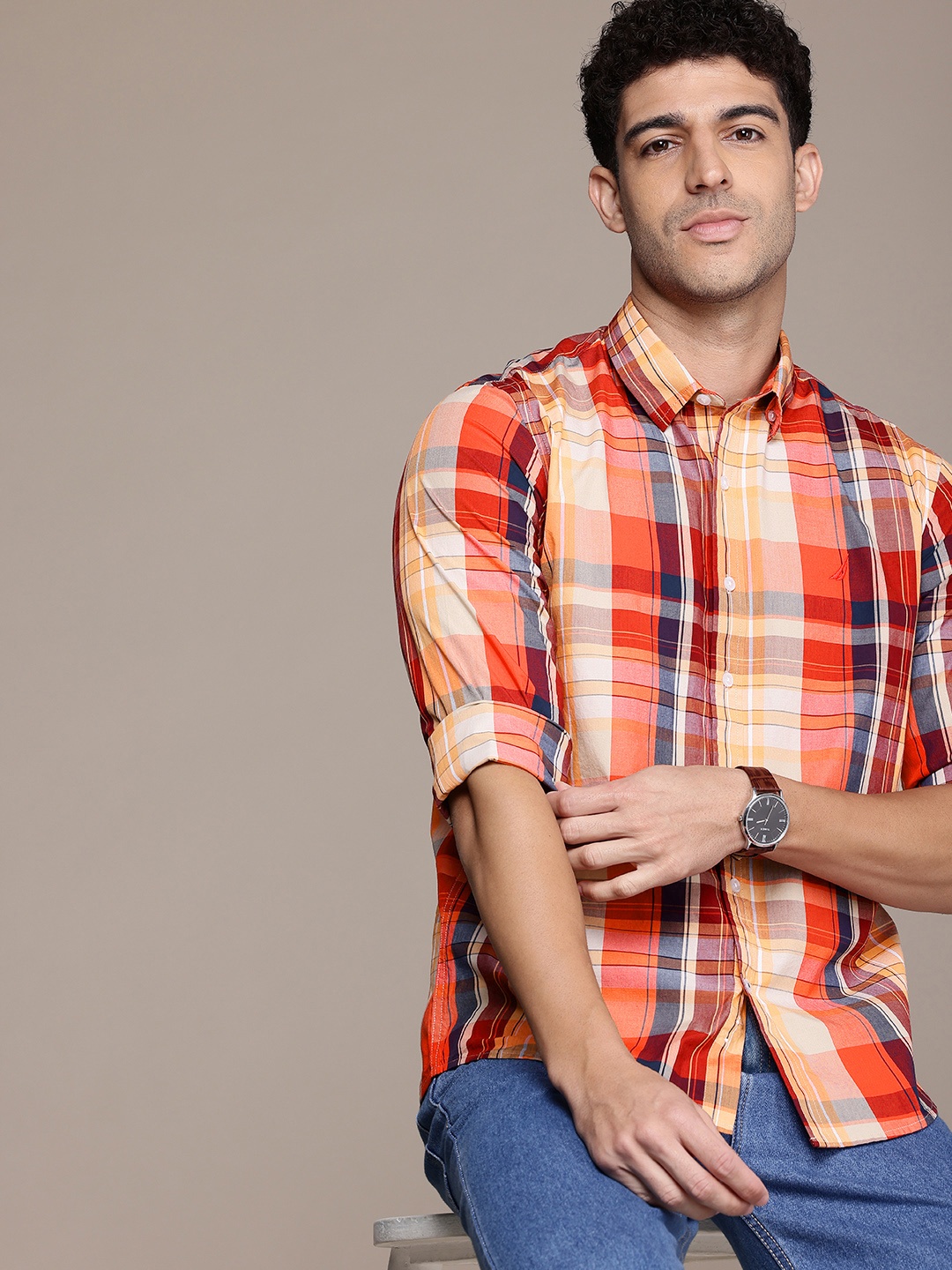 

Nautica Slim Fit Checked Button-Down Collar Pure Cotton Casual Shirt, Red