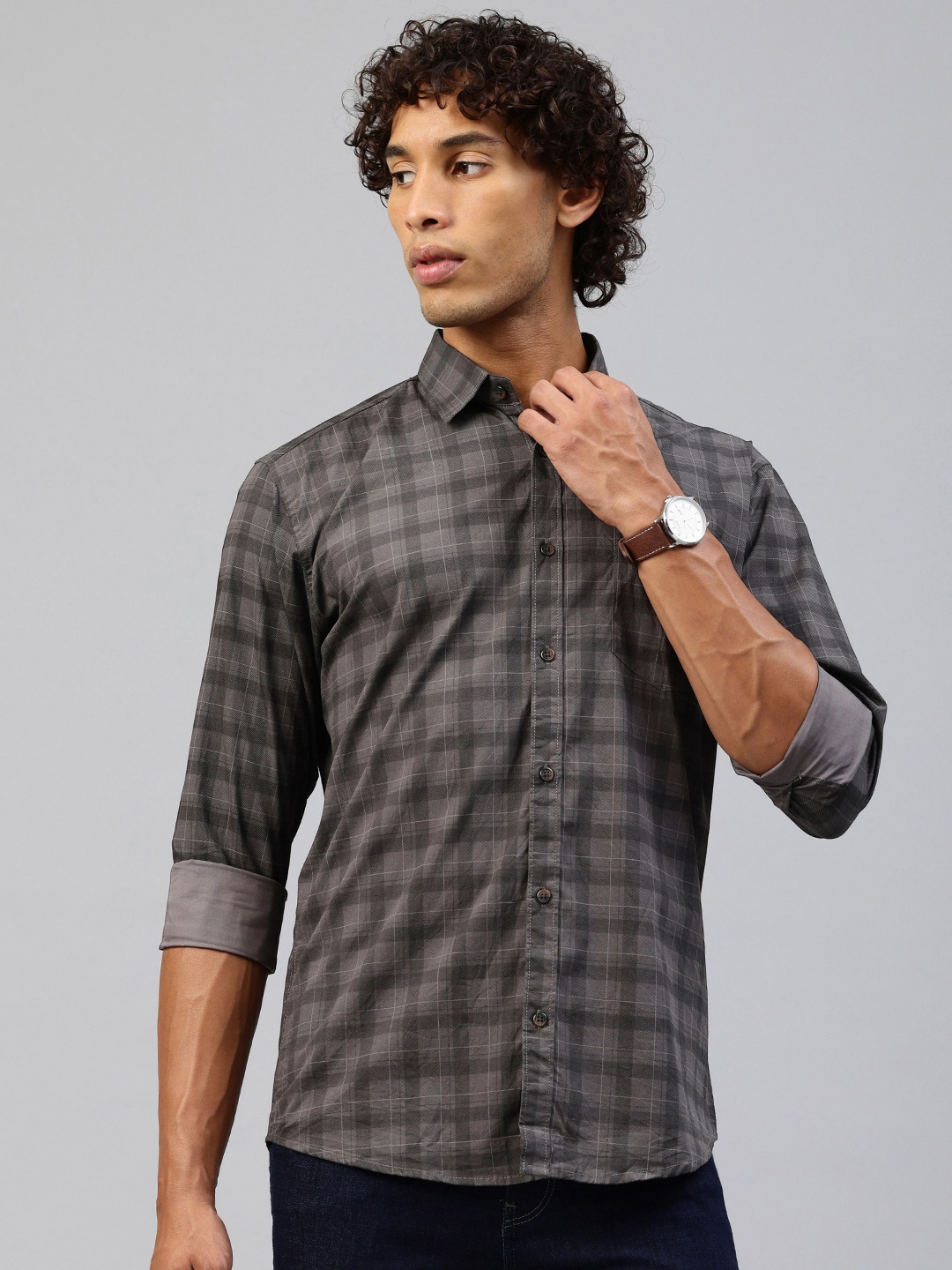

Majestic Man Men Comfort Slim Fit Checked Pure Cotton Casual Shirt, Grey