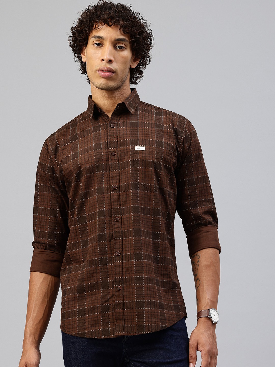 

Majestic Man Men Comfort Slim Fit Checked Pure Cotton Casual Shirt, Brown