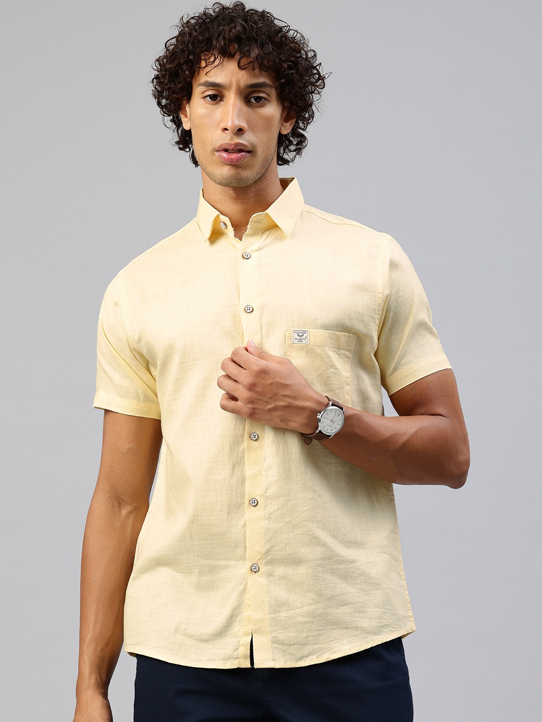 

Majestic Man Men Classic Slim Fit Pure Cotton Casual Shirt, Yellow