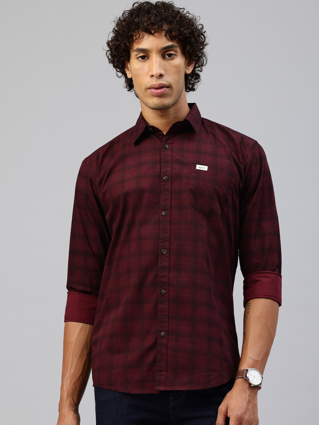 

Majestic Man Men Comfort Slim Fit Checked Pure Cotton Casual Shirt, Maroon