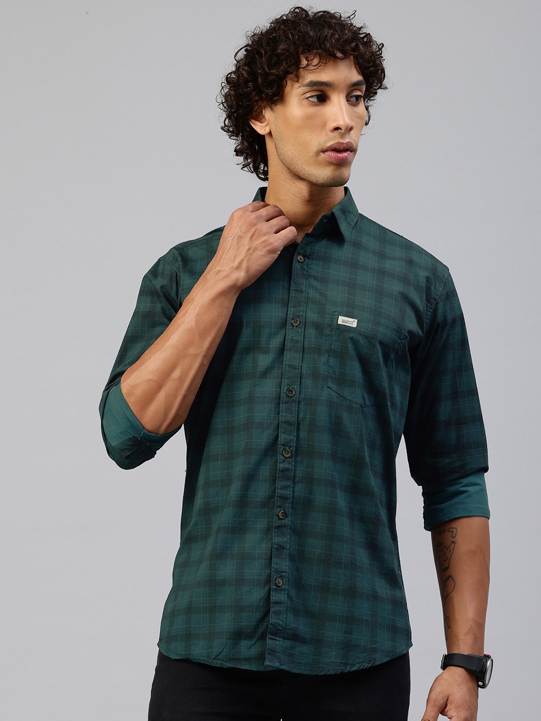 

Majestic Man Men Comfort Slim Fit Checked Pure Cotton Casual Shirt, Blue