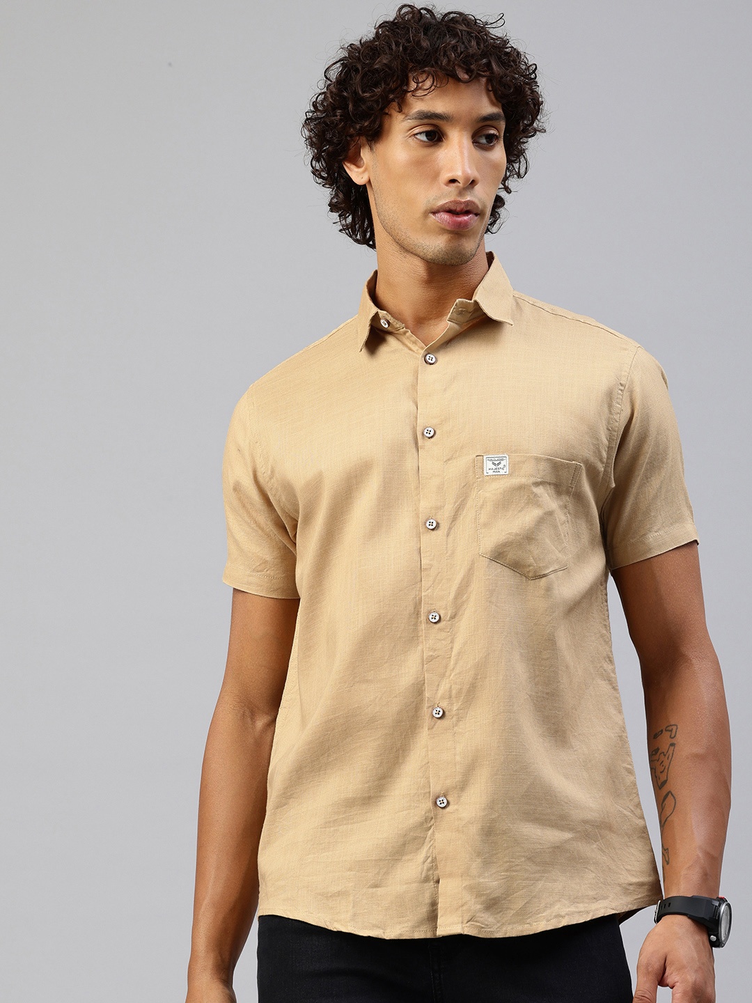 

Majestic Man Men Classic Slim Fit Pure Cotton Casual Shirt, Beige