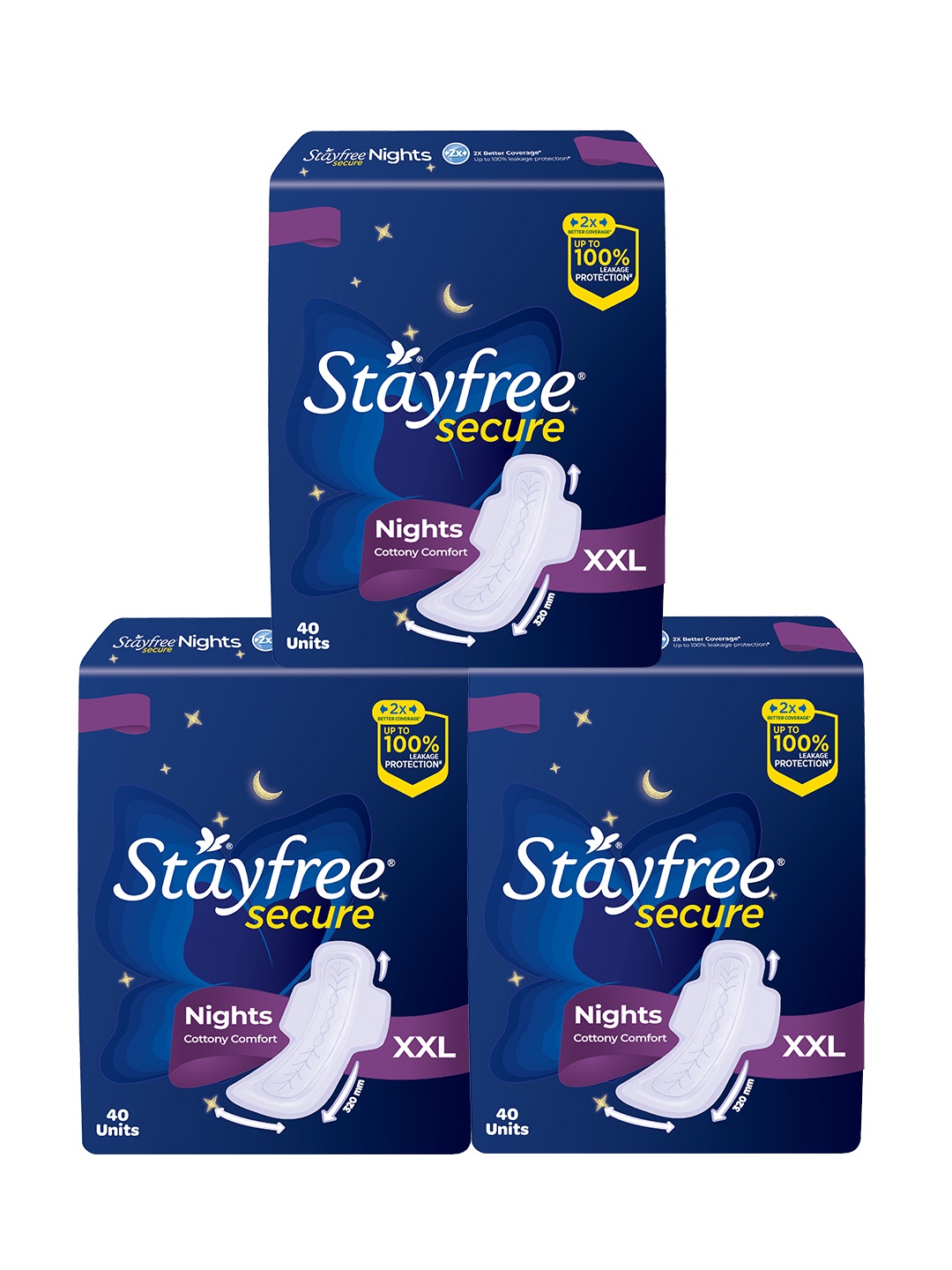 

Stayfree Secure Nights B2G1 Sanitary Napkins Combo - 40 Pads each, Purple